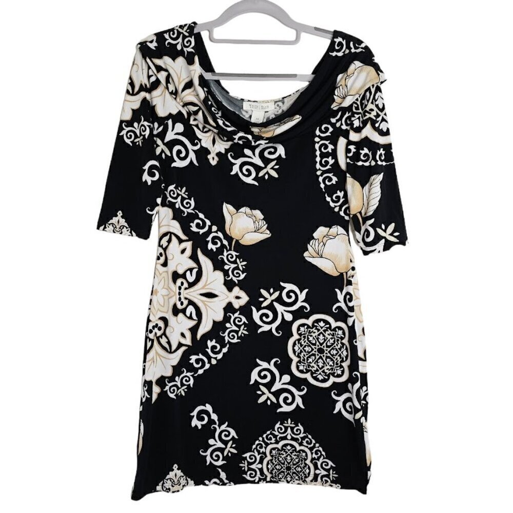 WHITE HOUSE BLACK MARKET Dress size XS BLACK TAN WHITE FLORAL Summer Art to Wear
